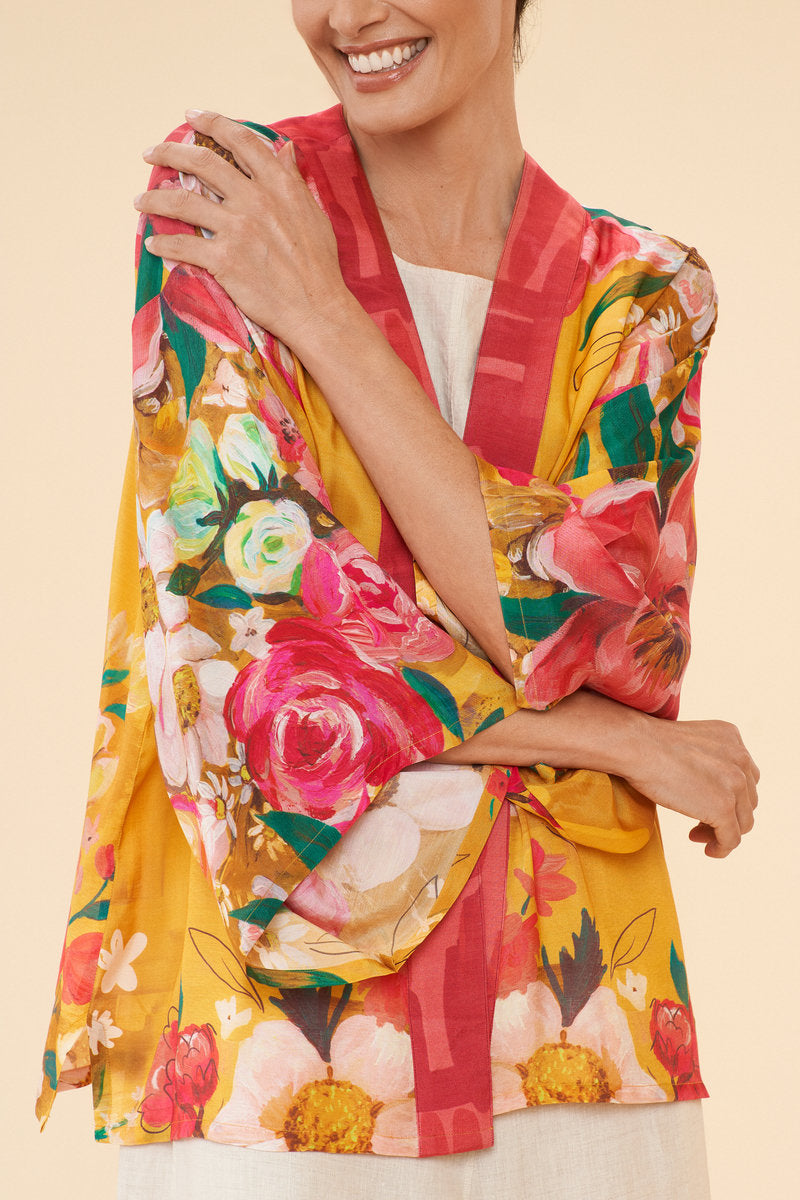 Powder Impressionist Floral Kimono Jacket - Mustard