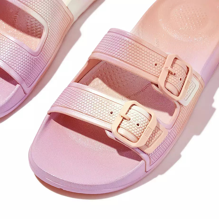 FitFlop iQushion Iridescent Two-Bar Buckle Slides Urban White Iridescent