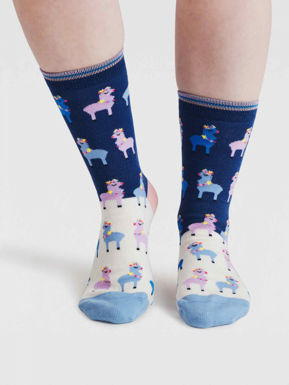 Thought Clara Rainbow Llama Organic Cotton Socks Violet Blue 4-7