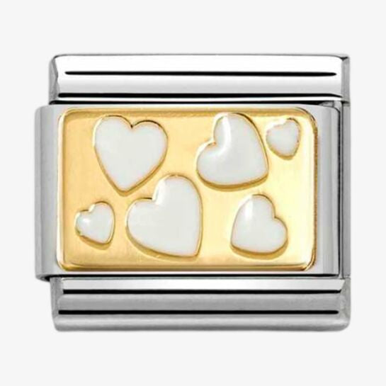 Nomination Yellow Gold White Enamel Offset Hearts Charm