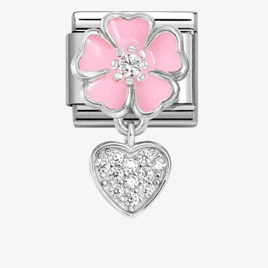 Nomination Silver Pink Enamel Flower Heart Dangle Charm