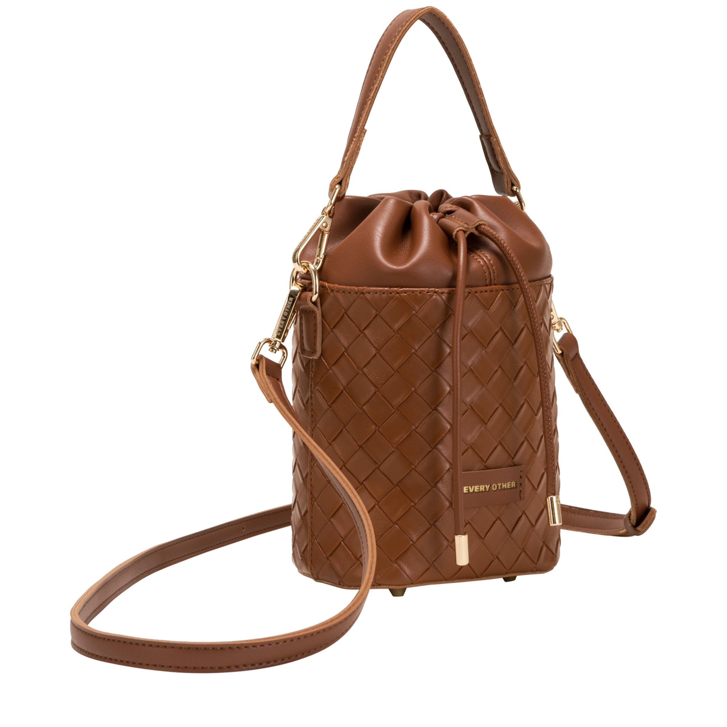 Every Other Woven Drawstring Bucket Bag Brown