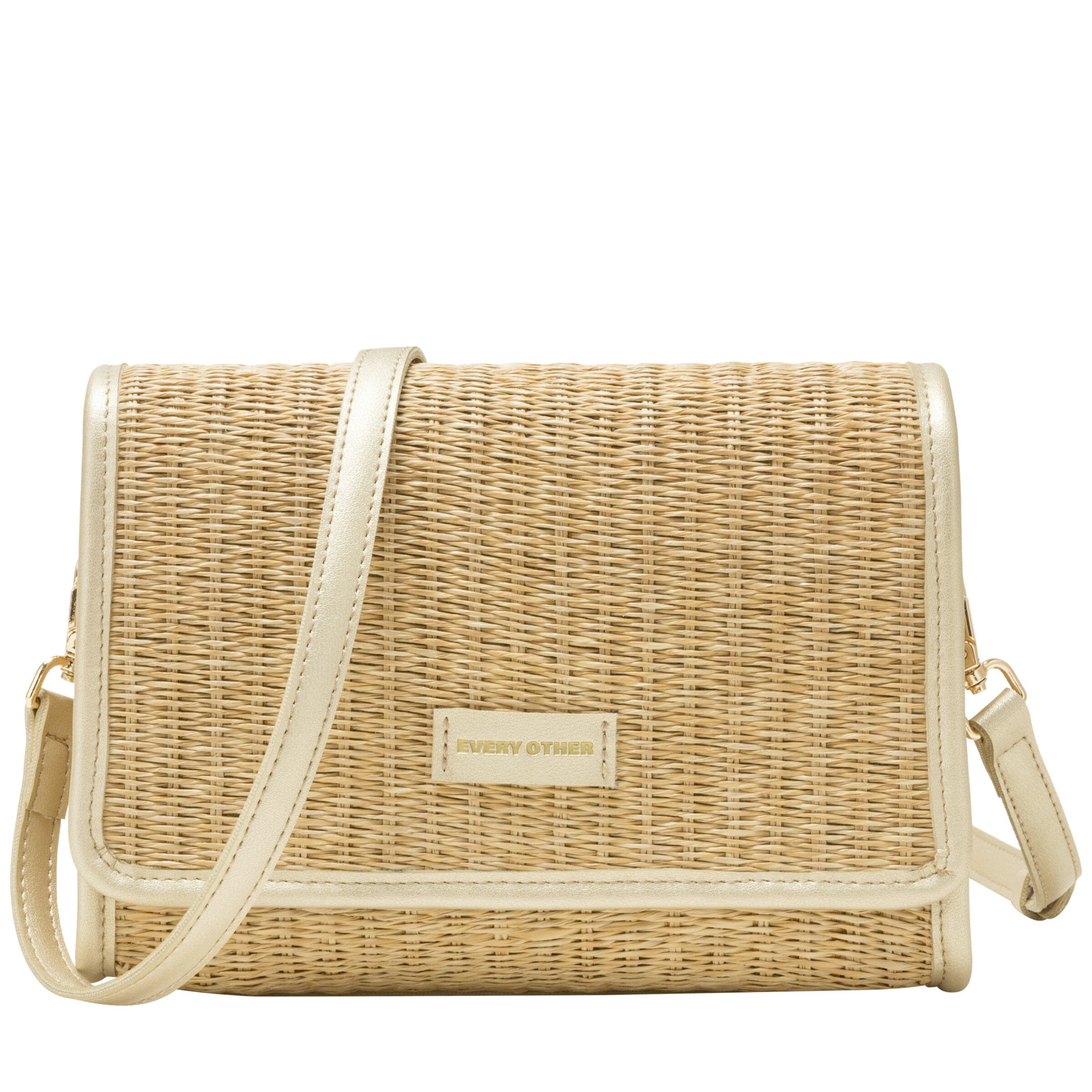 Every Other Straw Flap Over Cross Body Bag Soft Gold