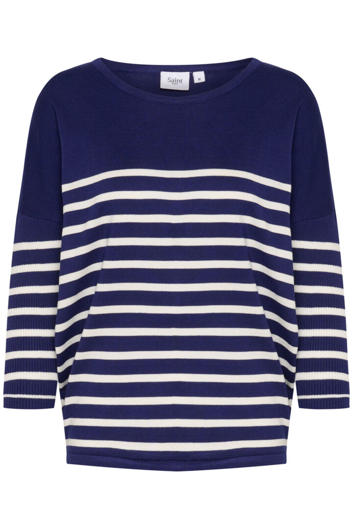 Saint Tropez Mila R-Neck Stripe Pullover Midnight Sail