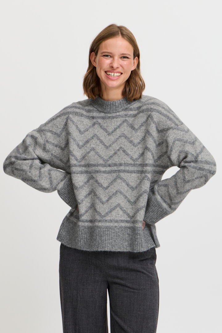 b.young Omea Geometric Jumper Mid Grey Melange Mix