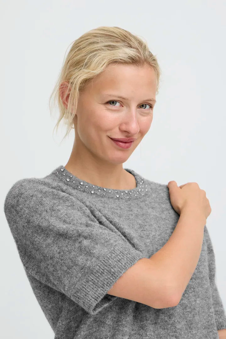 b.young Omea Rhinestone Ss Jumper Mid Grey Melange