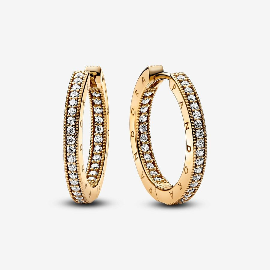 Pandora 14ct Gold Plated Pandora Signature Logo & Pavé Hoop Earrings