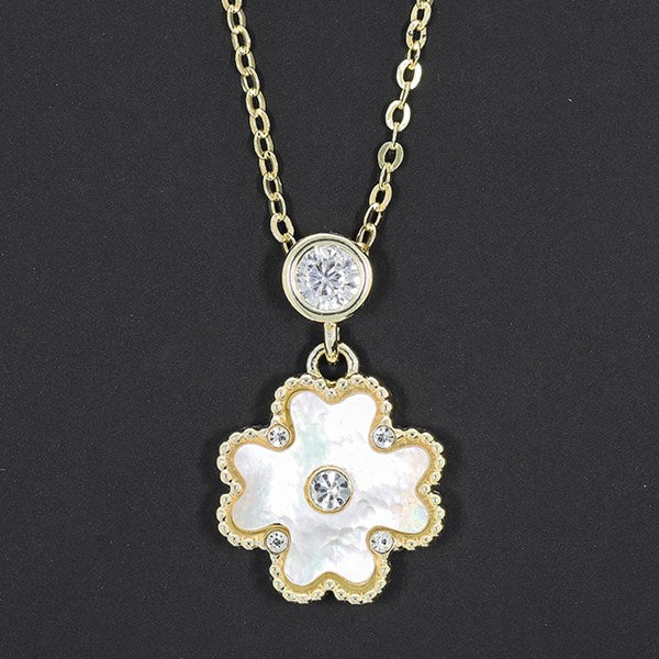 Clover Mother of Pearl Crystal Gold Plated Necklace Natural
