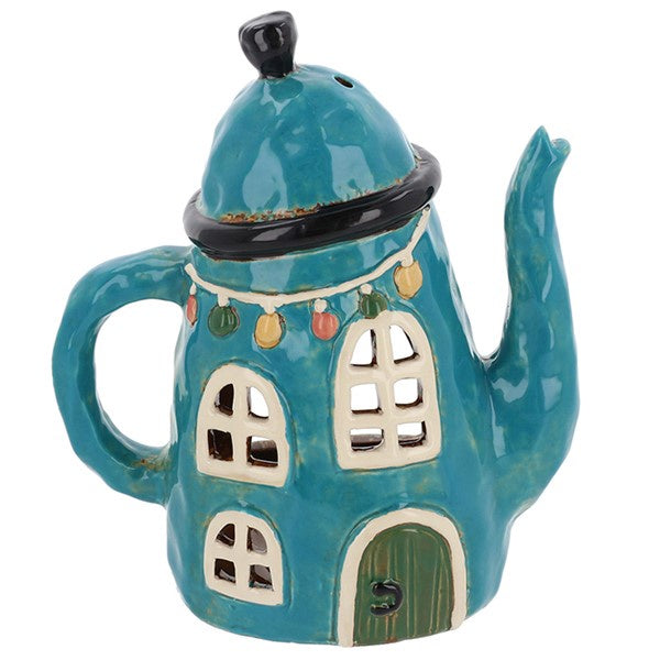 Village Pottery Teapot House Blue Tealight