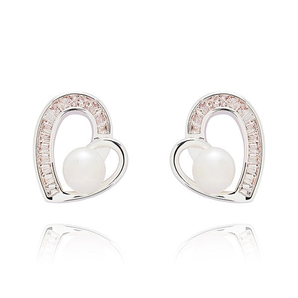 Pearl Baguette Heart Silver Plated Earrings