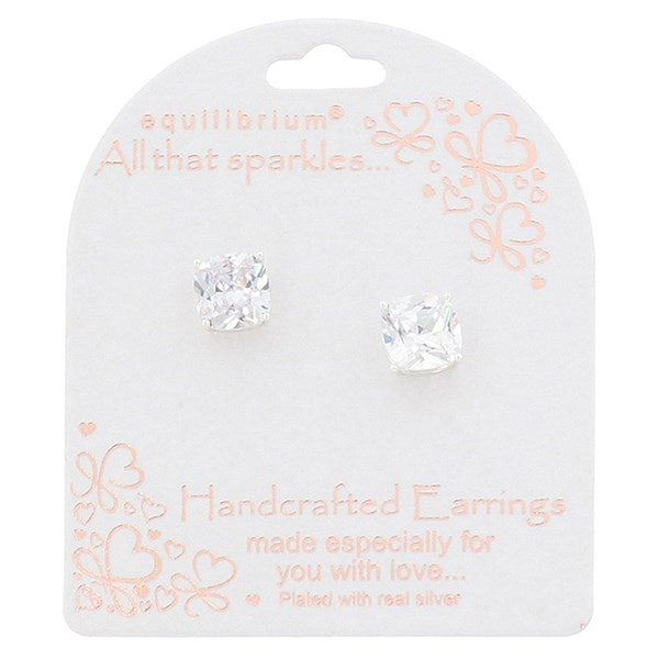 Square Solitaire Silver Plated Stud Earrings