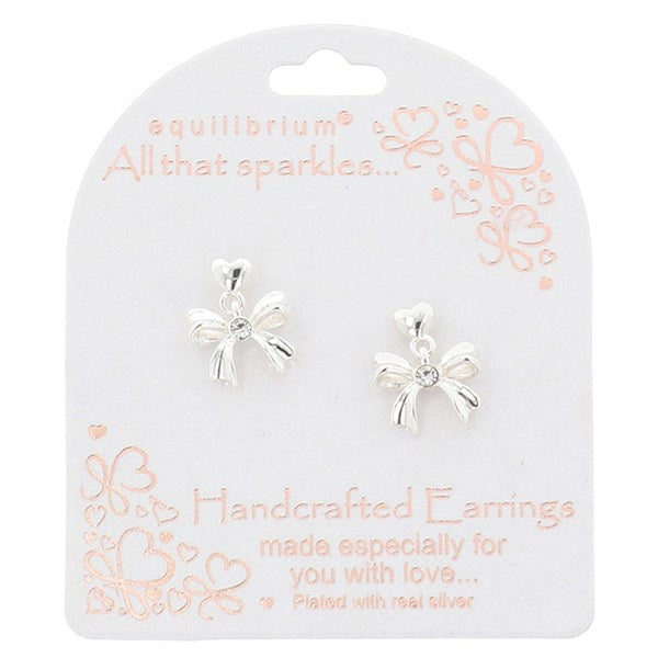 Pretty Bow Pearl Silver Plated Dangly Earrings