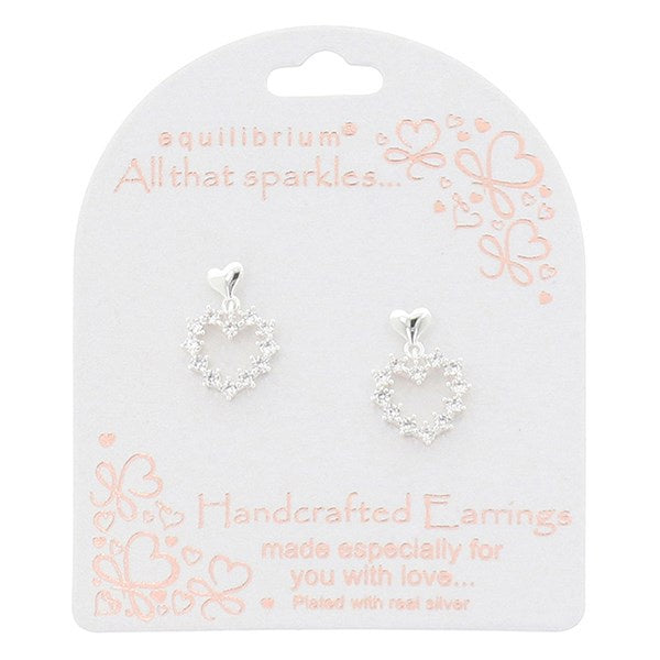 Sparkle Heart Silver Plated Dangly Earrings