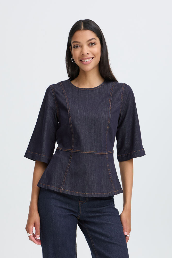 b.young Kanea Peplum Blouse Dark Blue Denim