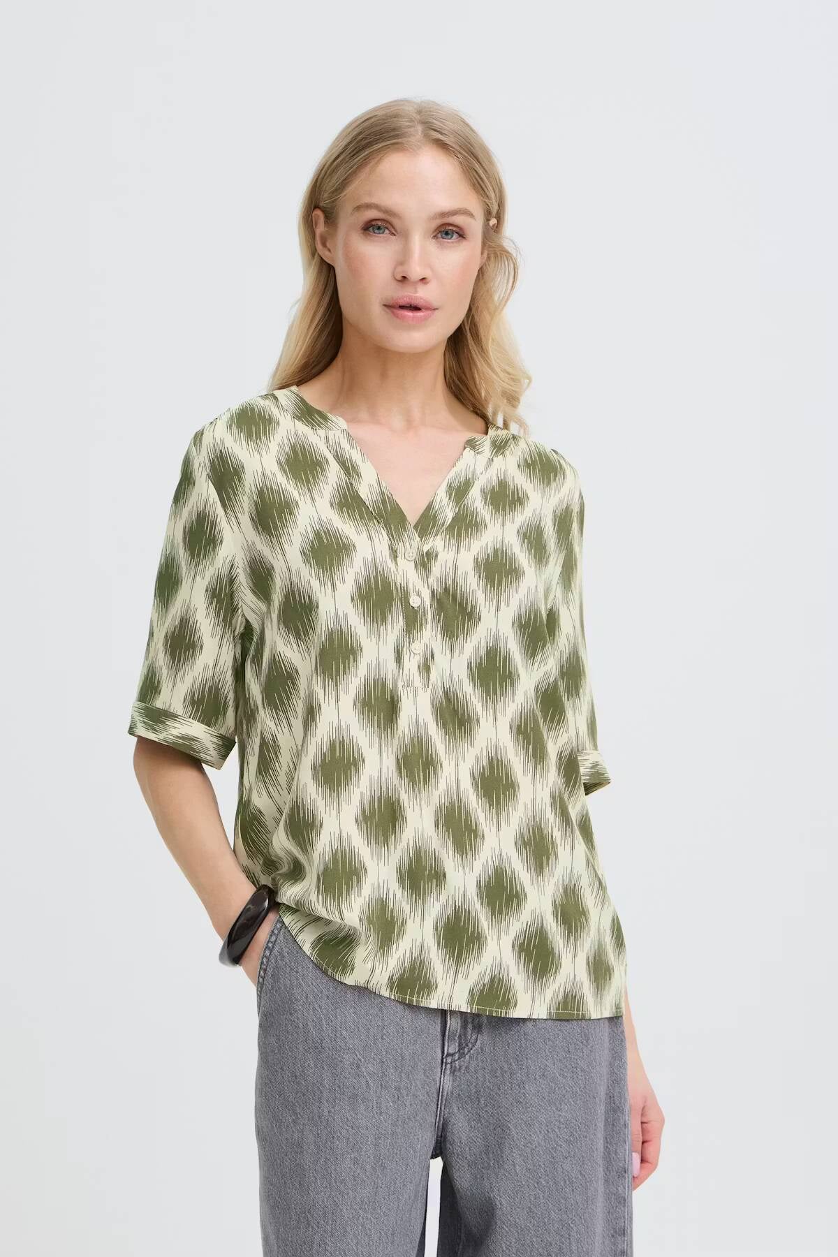 b.young Joella V-Neck Blouse Ogee Ikat Kalamata