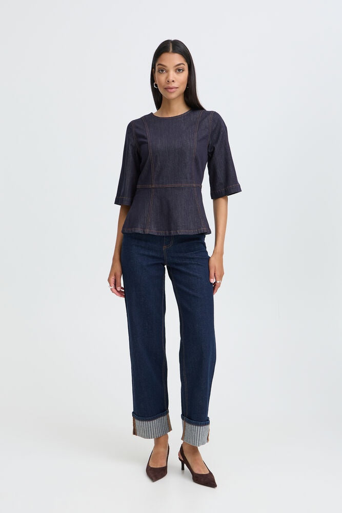 b.young Kanea Peplum Blouse Dark Blue Denim