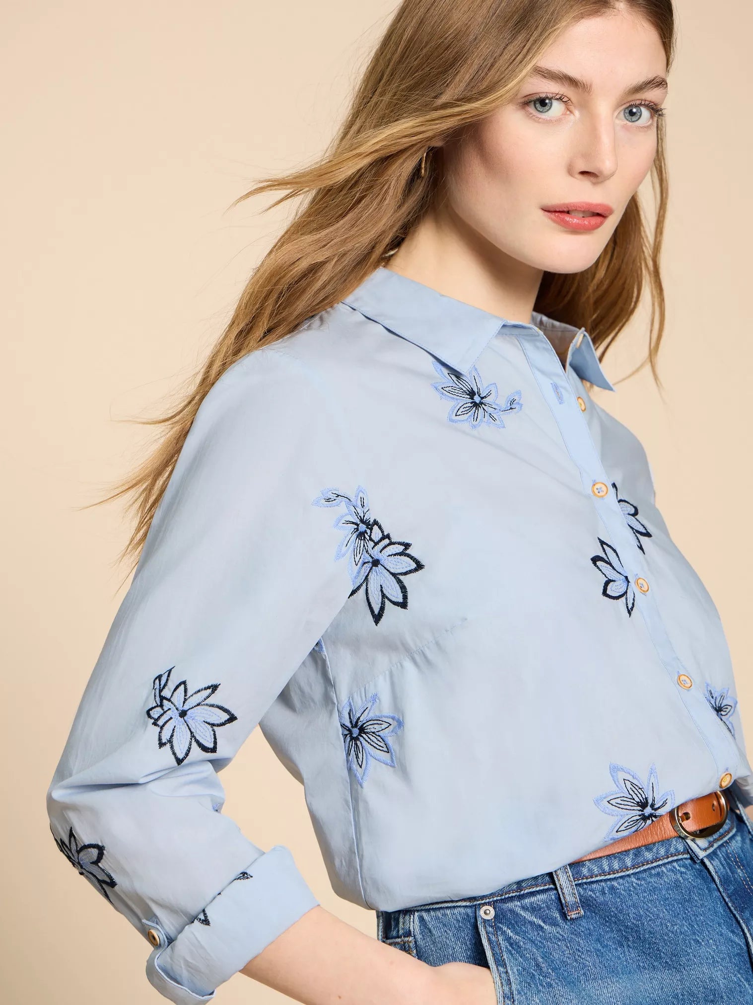 White Stuff Sophie Embroidered Shirt Blue Multi