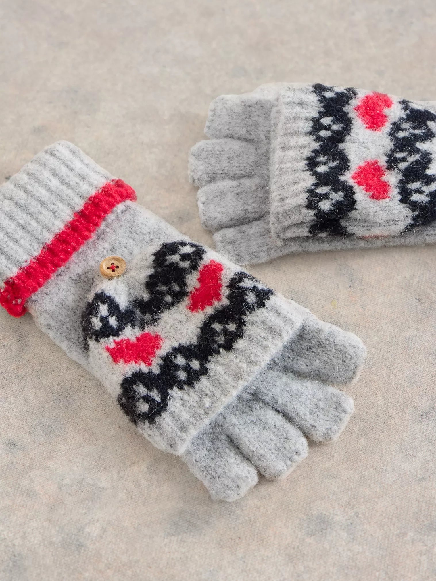 White Stuff Heart Fairisle Flip Mitt Grey Multi