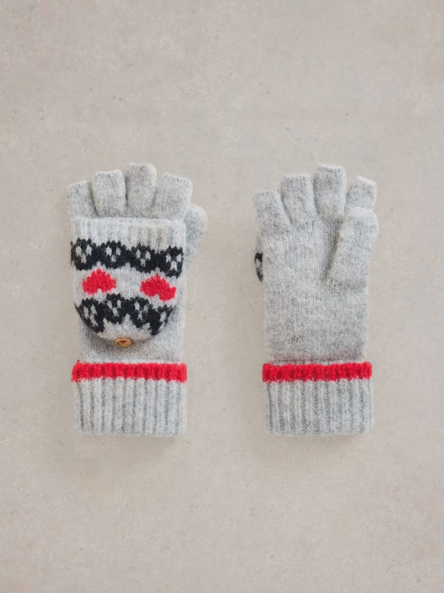 White Stuff Heart Fairisle Flip Mitt Grey Multi