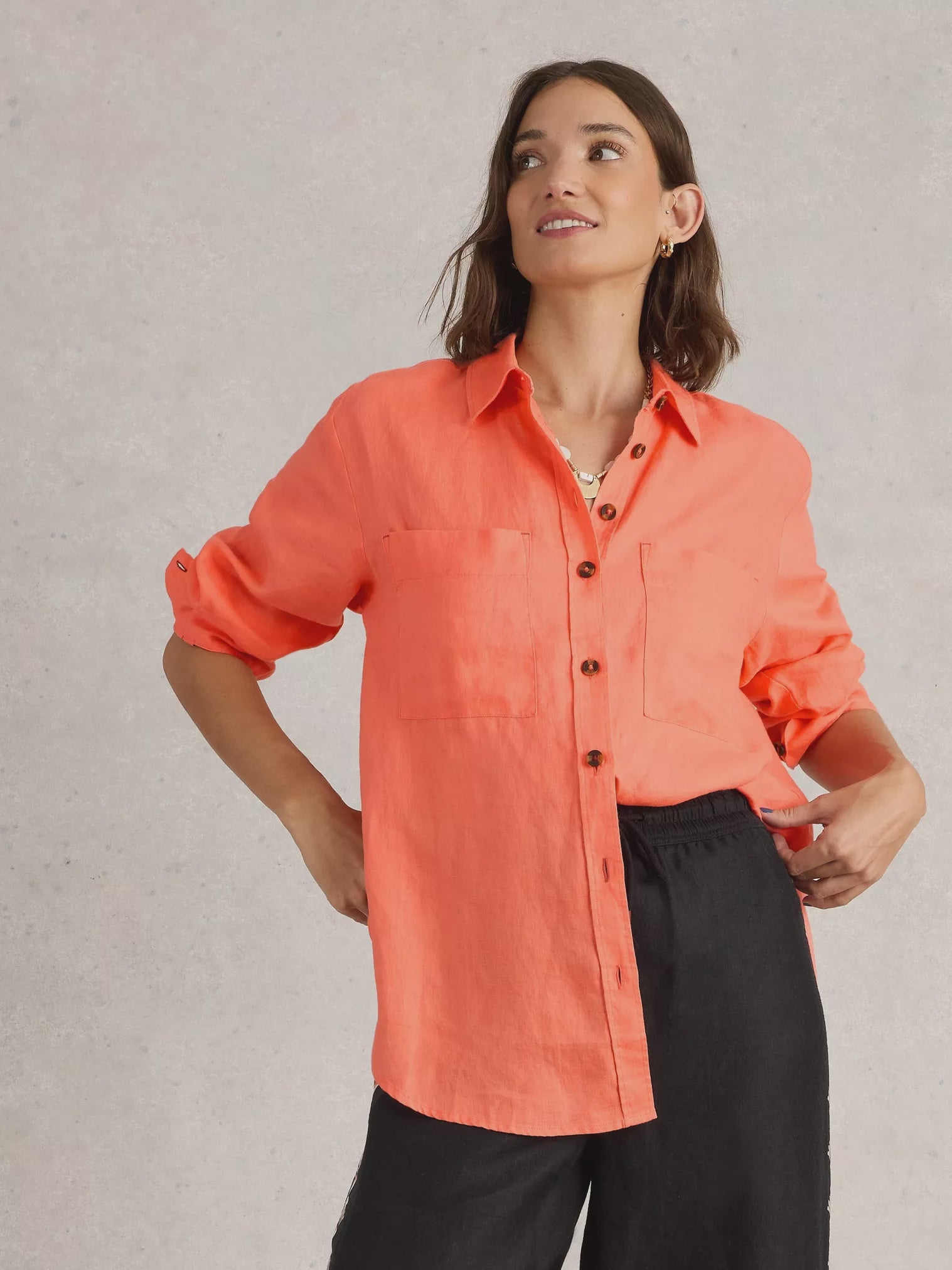 White Stuff Lydia Linen Shirt Bright Orange