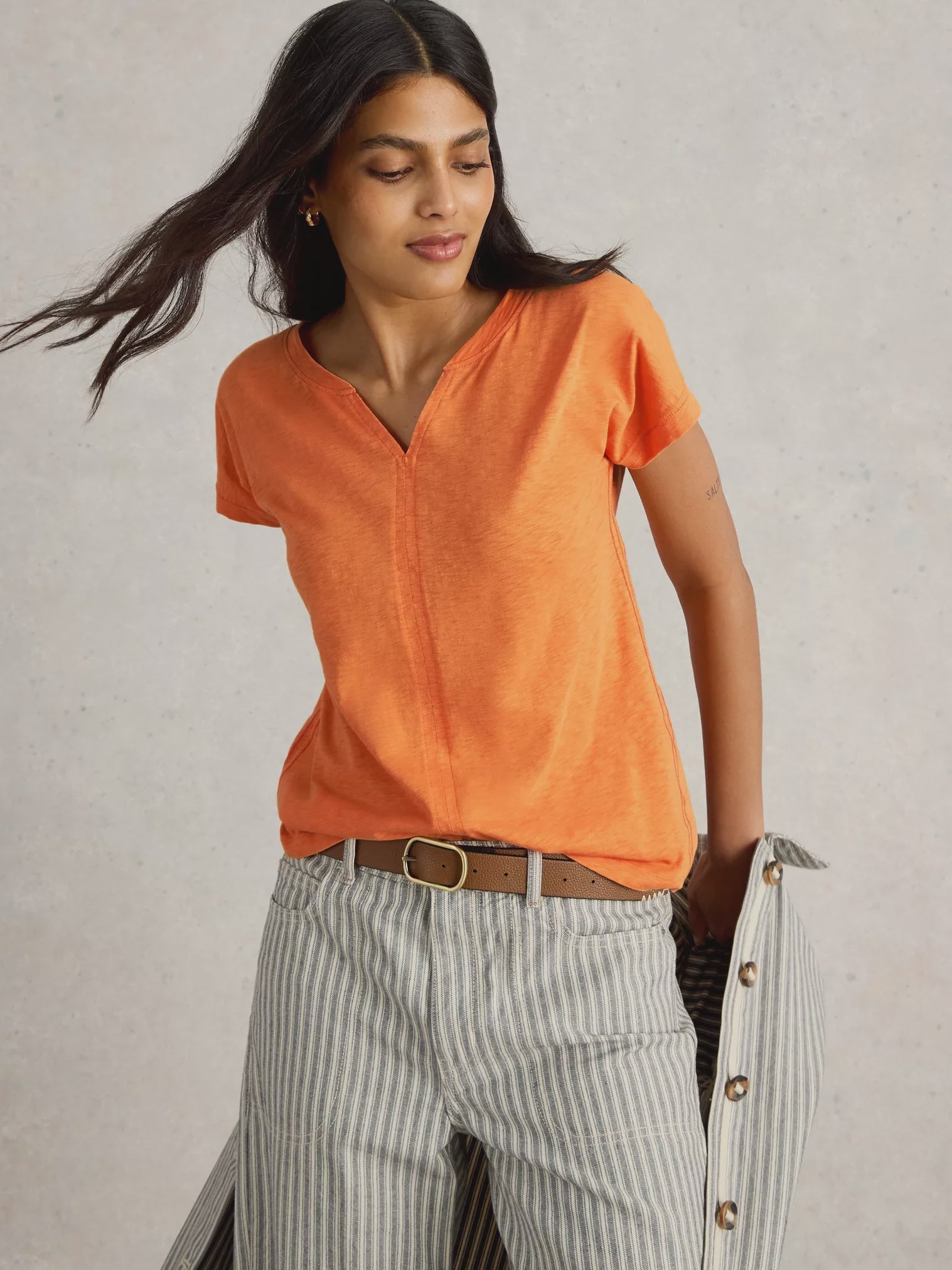 White Stuff Nelly Notch Neck Tee Bright Orange
