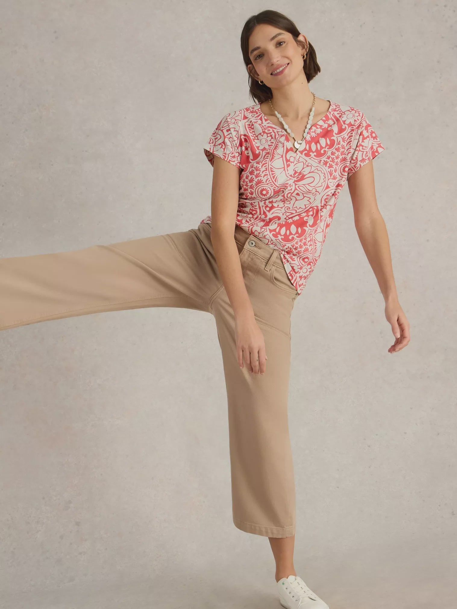 White Stuff Nelly Notch Neck Tee Coral Multi