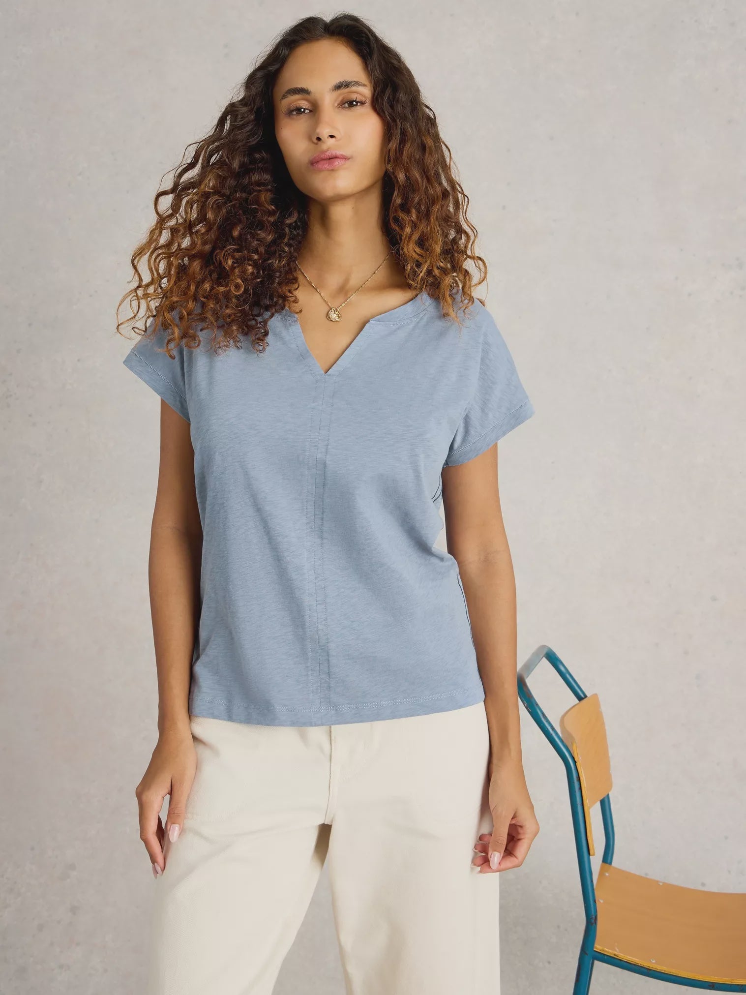 White Stuff Nelly Notch Neck Tee Mid Blue