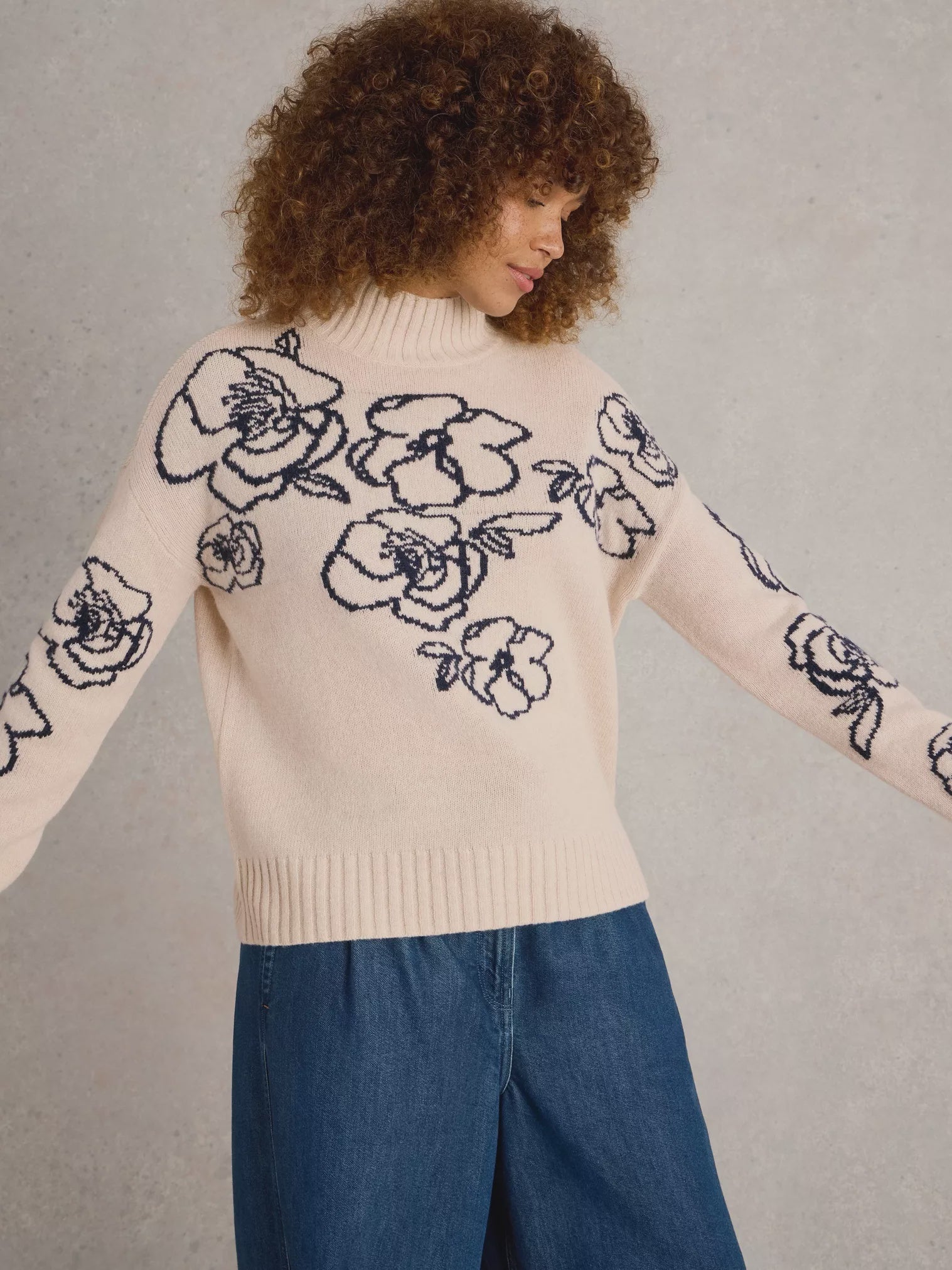 White Stuff Sprig Floral Jumper Natural Multi