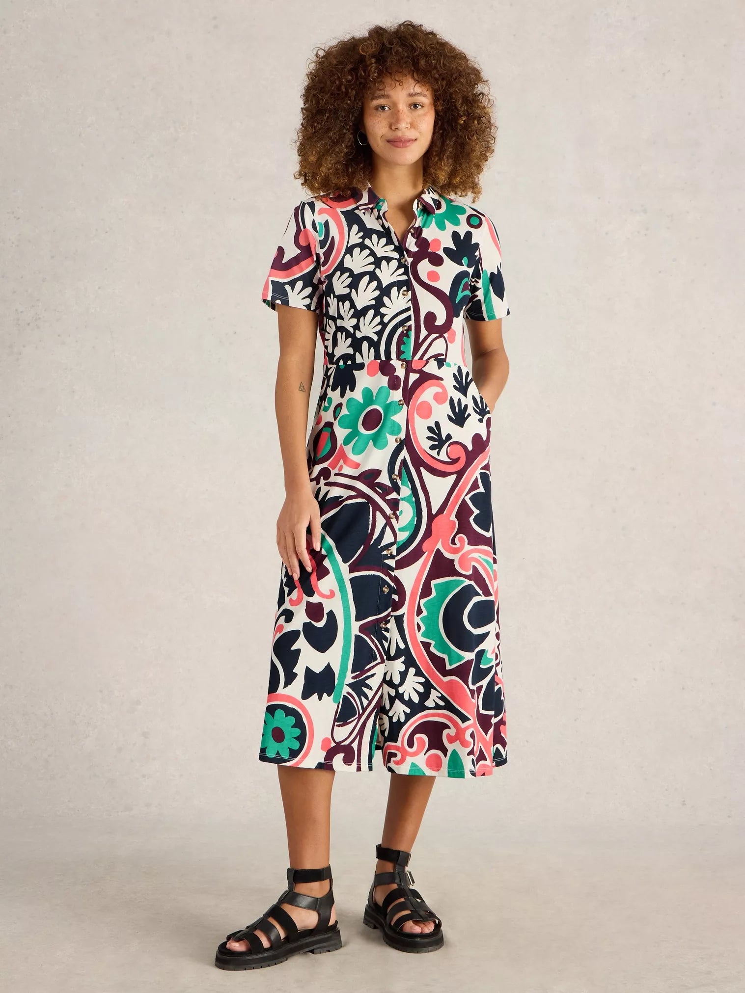 White Stuff Rua Jersey Shirt Dress Blk Mlt