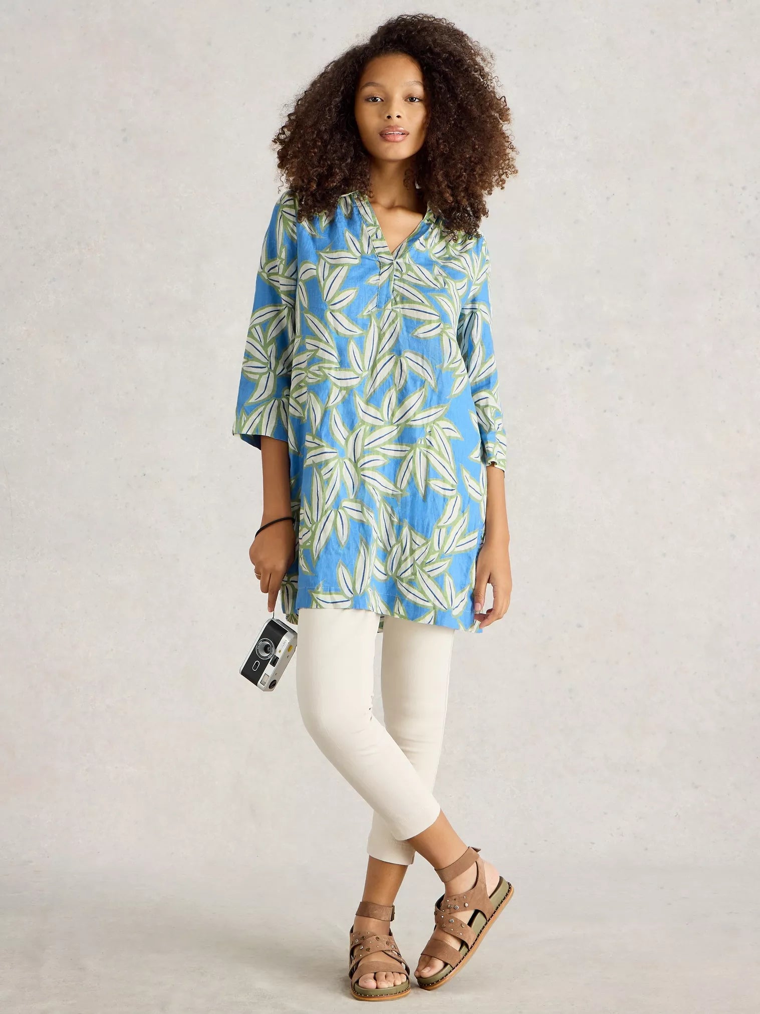 White Stuff Blake Linen Tunic Blue Print