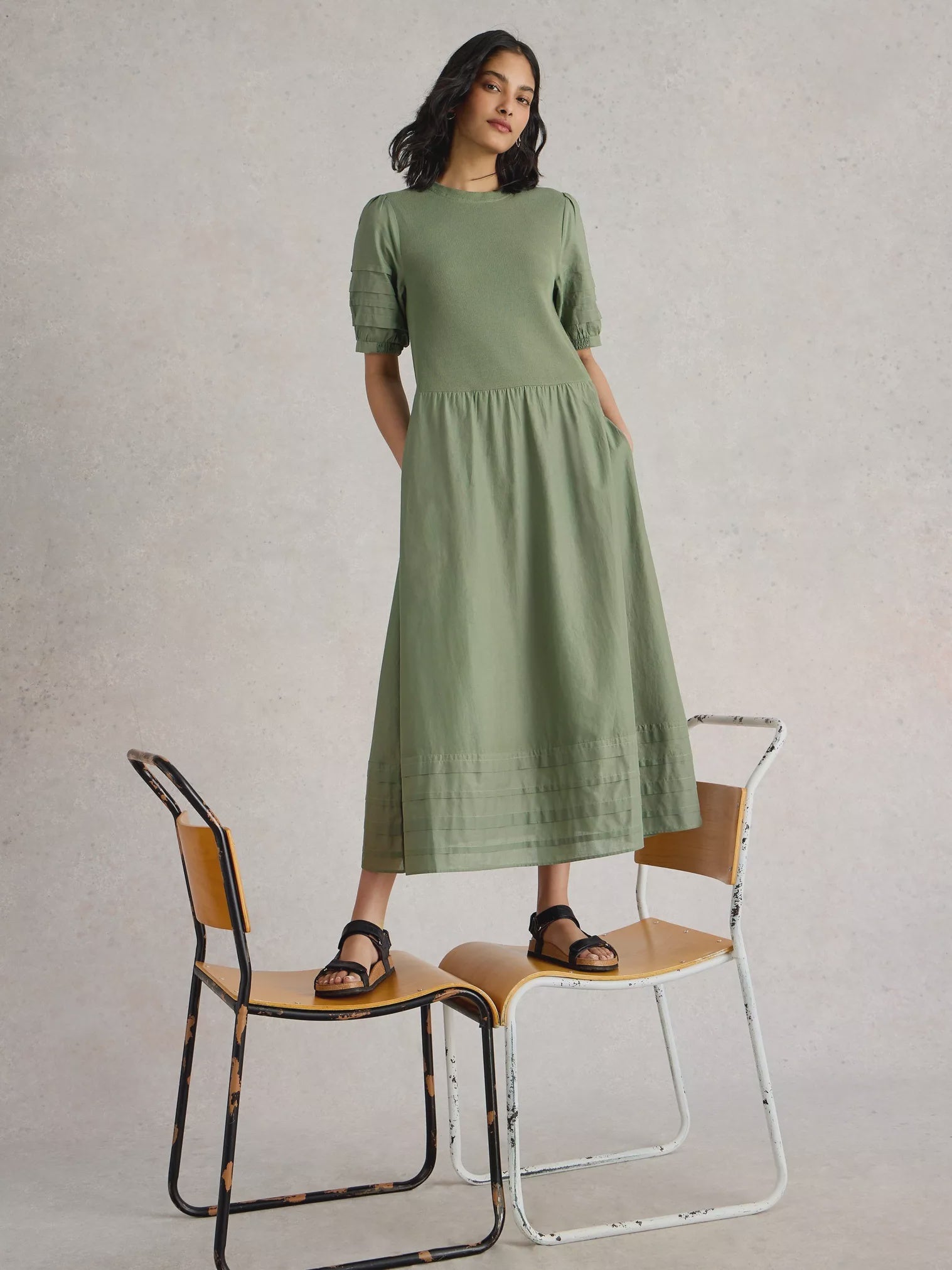 White Stuff Claudia Fabric Mix Dress Dus Green