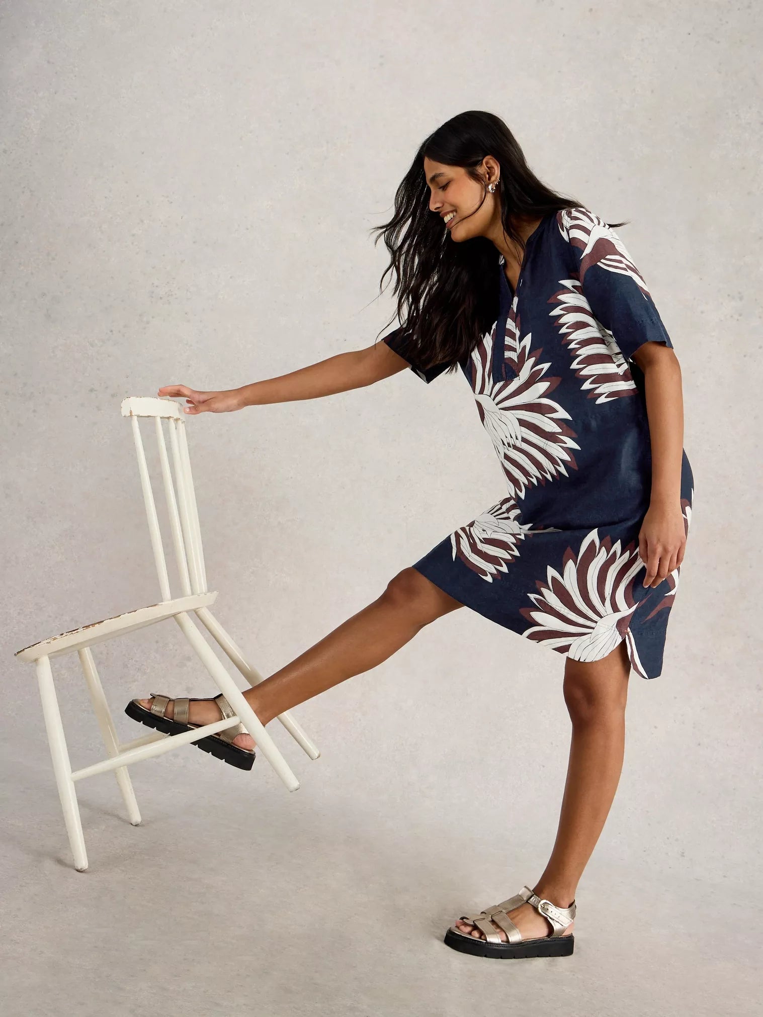 White Stuff June Linen Dress Navy Pr