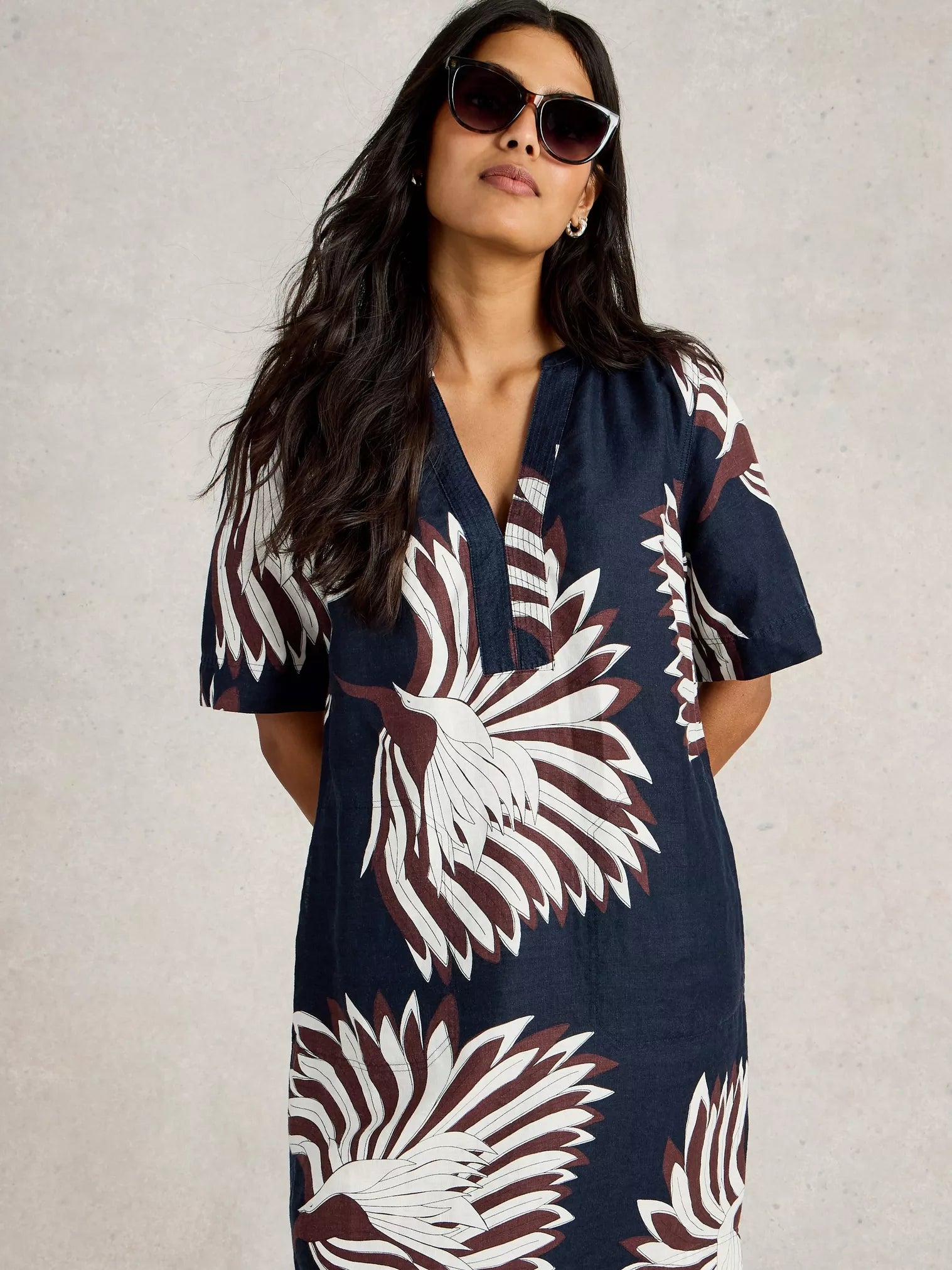 White Stuff June Linen Dress Navy Pr