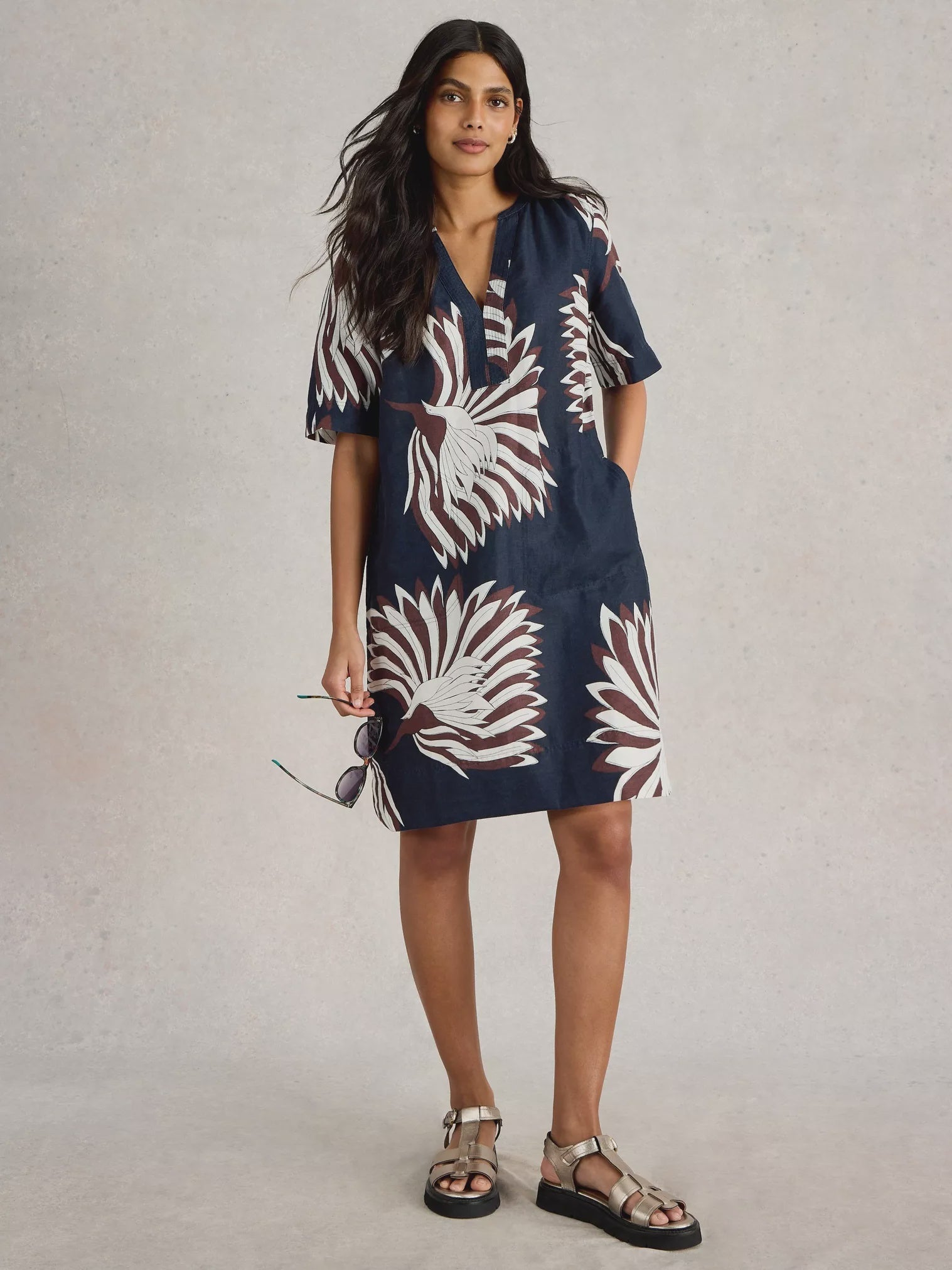 White Stuff June Linen Dress Navy Pr