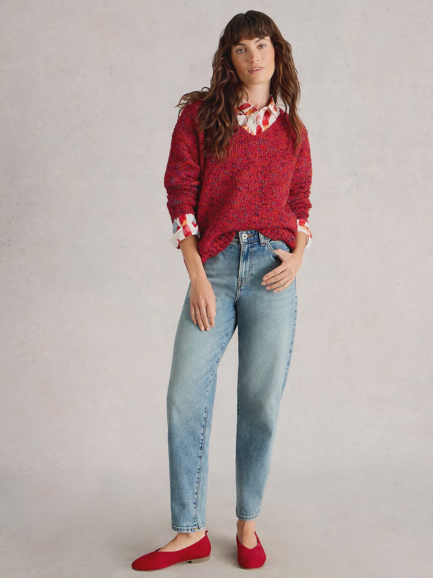 White Stuff Texture V-Neck Jumper Mid Red