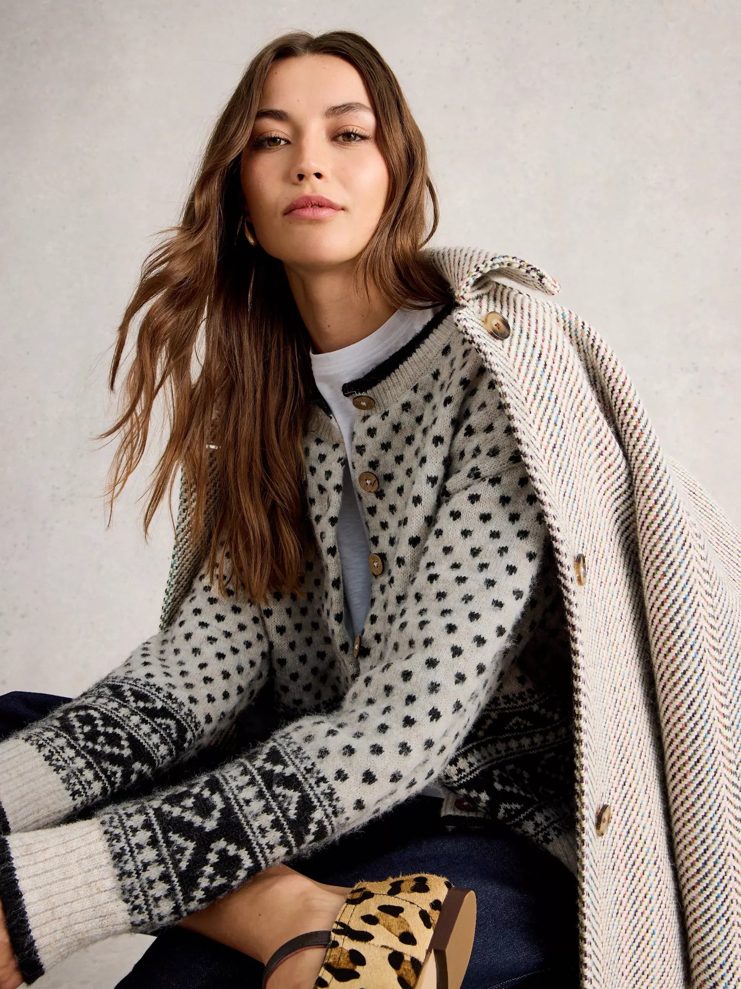 White Stuff Holly Heart Cardi Ivory Multi