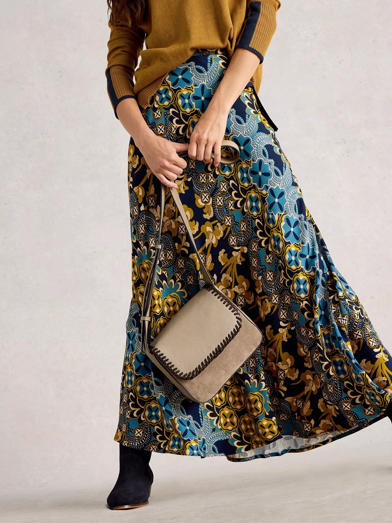 White Stuff Hope Bias Cut Maxi Skirt Navy Multi