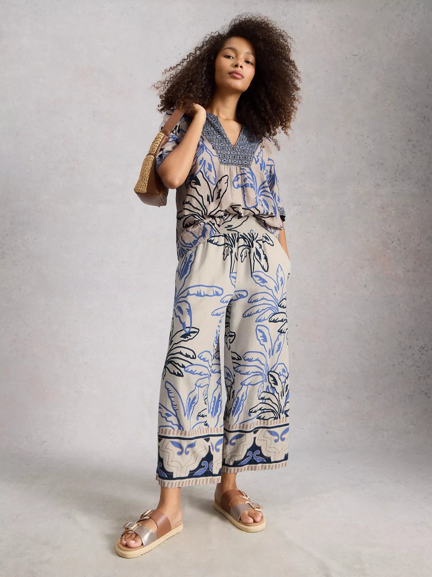 White Stuff Shelly Linen Blend Culotte Ivory Print