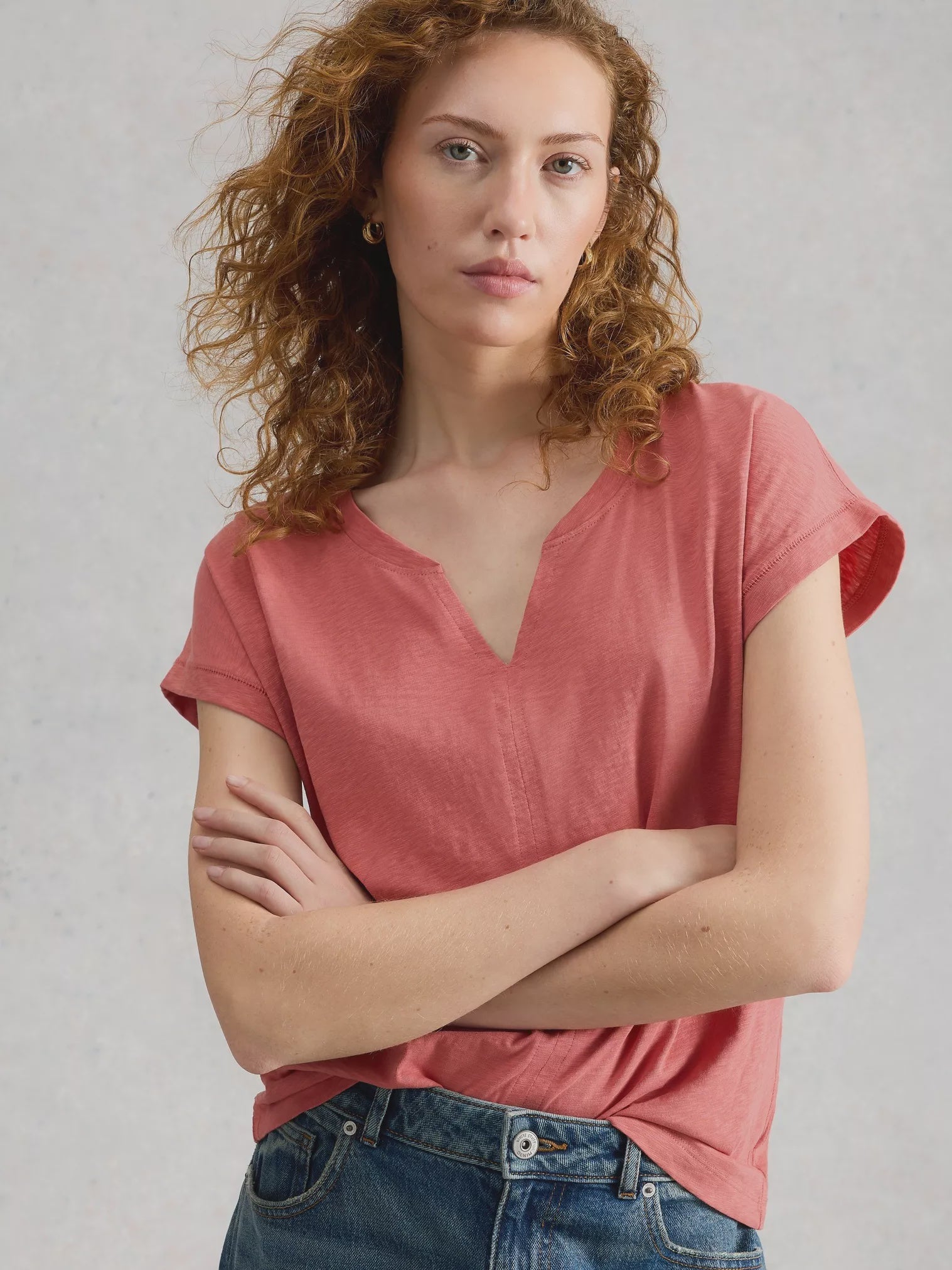 White Stuff Nelly Notch Neck Tee Mid Pink