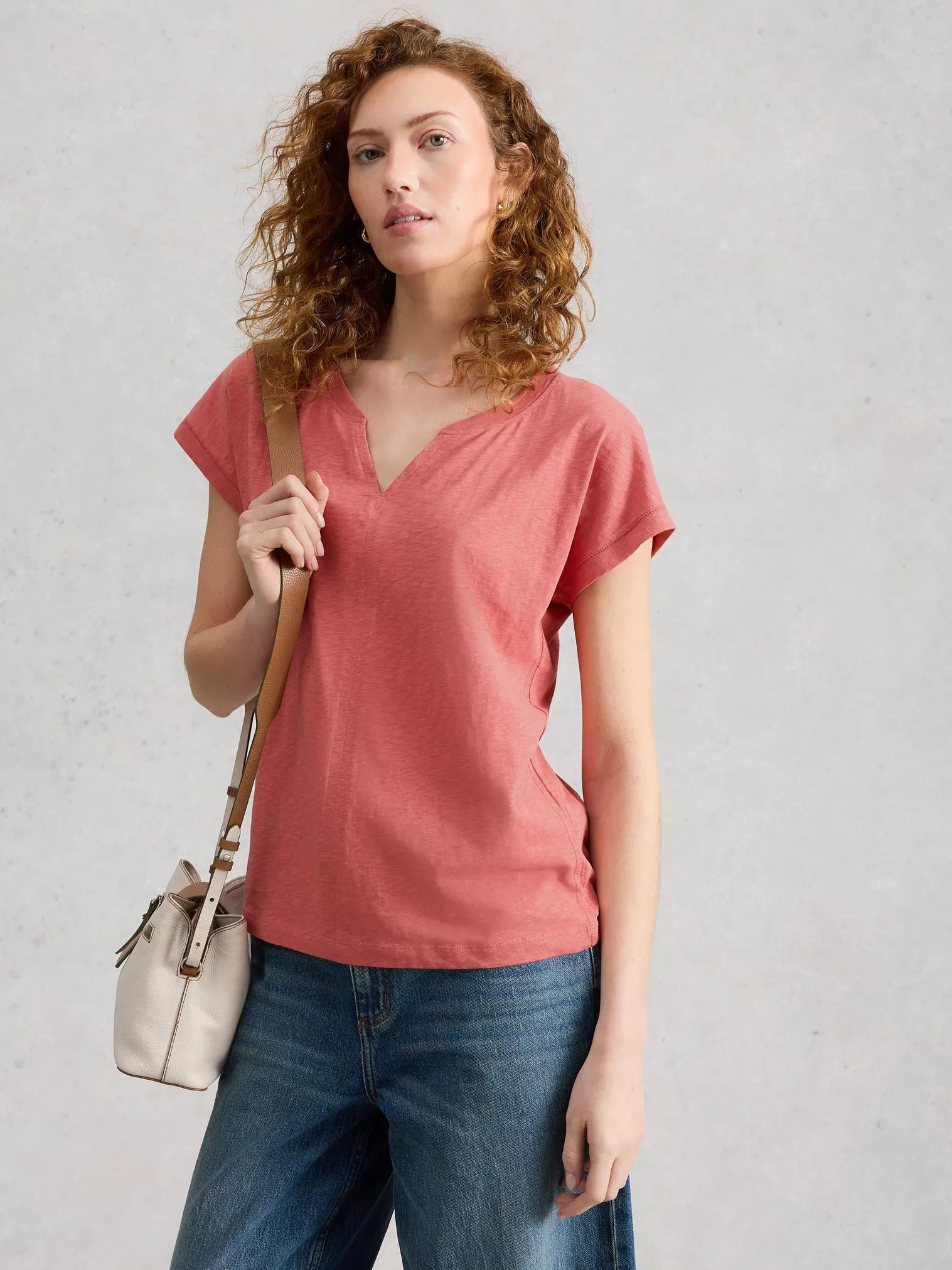White Stuff Nelly Notch Neck Tee Mid Pink