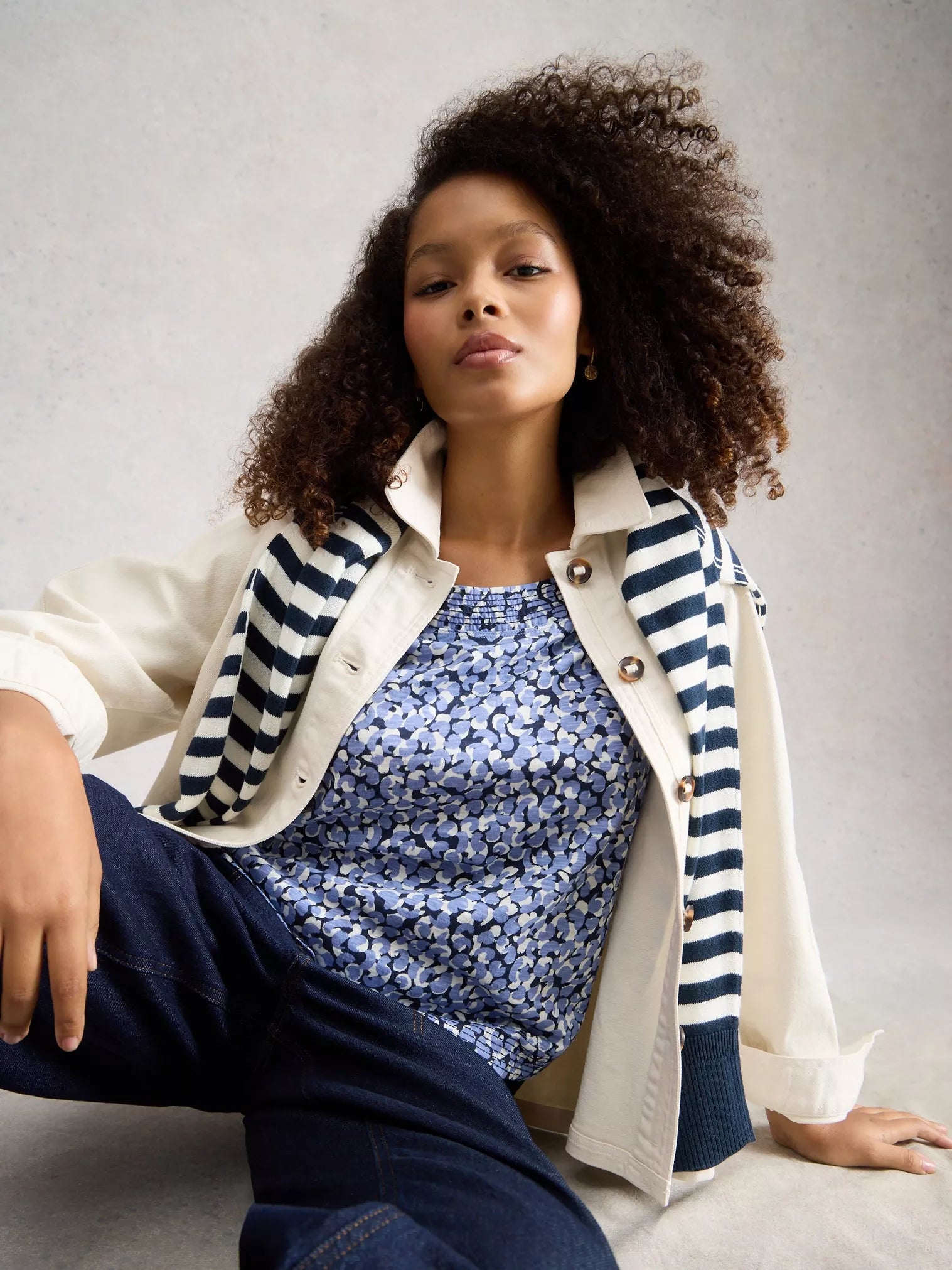 White Stuff Weaver Jersey Tee Blue Print