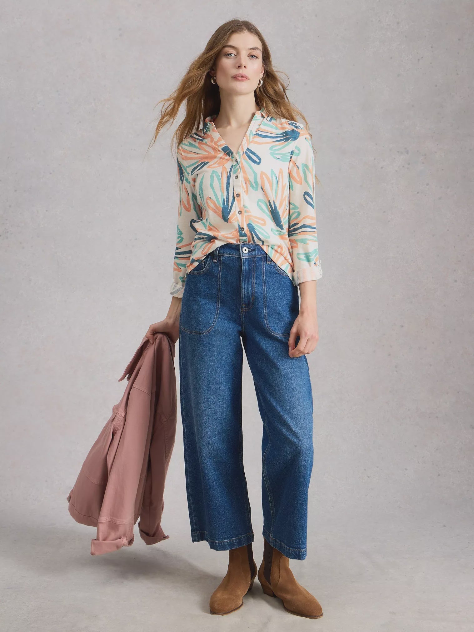 White Stuff Annie Jersey Shirt Ivory Print