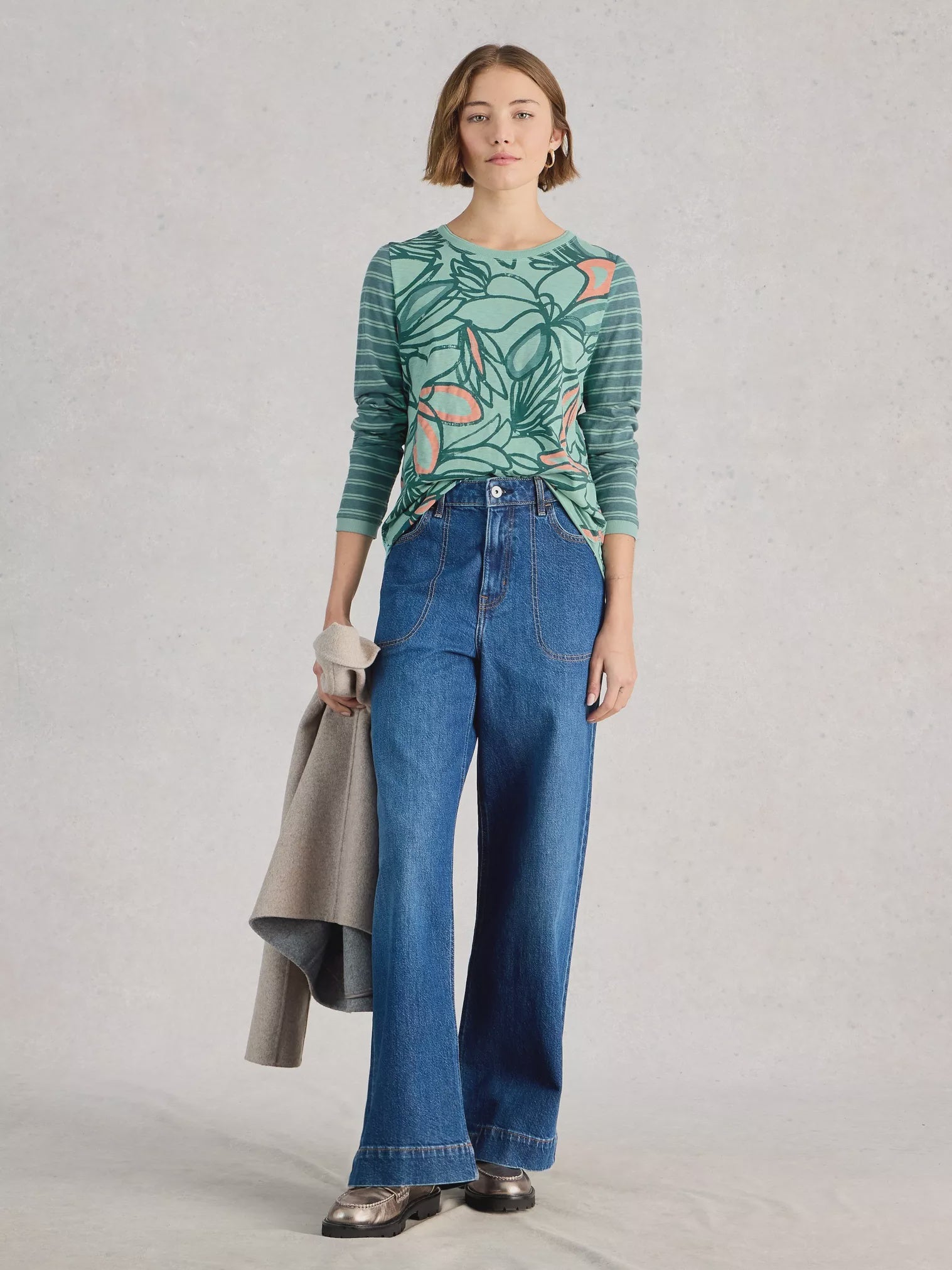 White Stuff Clara Long Sleeve Tee Teal Print