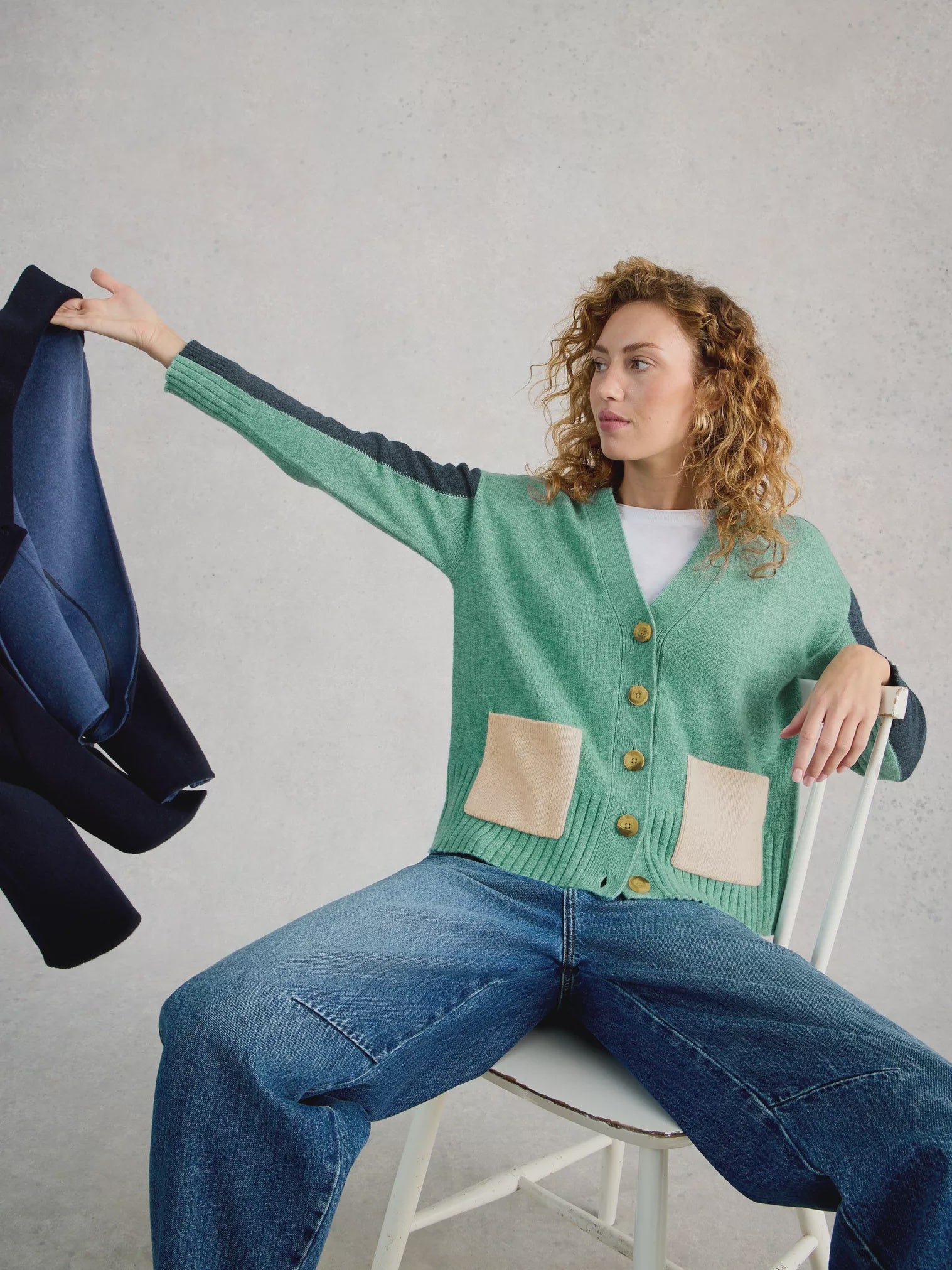 White Stuff Mary Colourblock Cardi Teal Multi