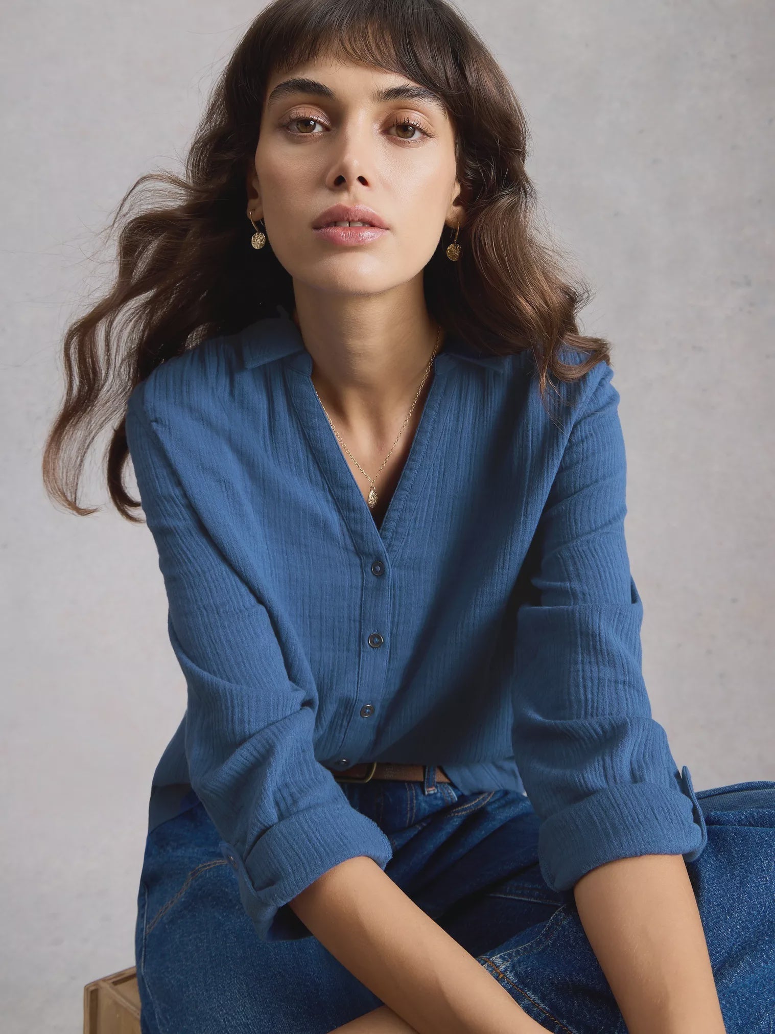 White Stuff Annie Double Cloth Shirt Dark Blue