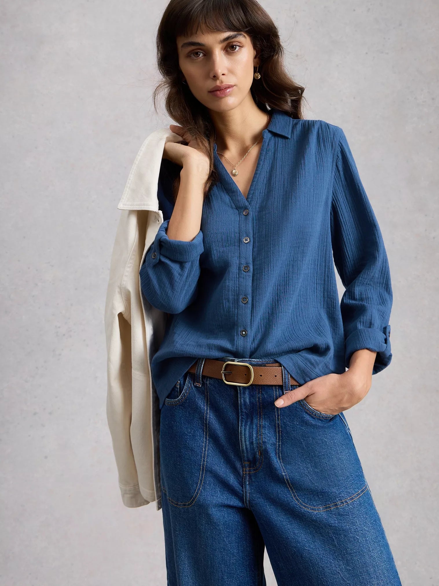 White Stuff Annie Double Cloth Shirt Dark Blue