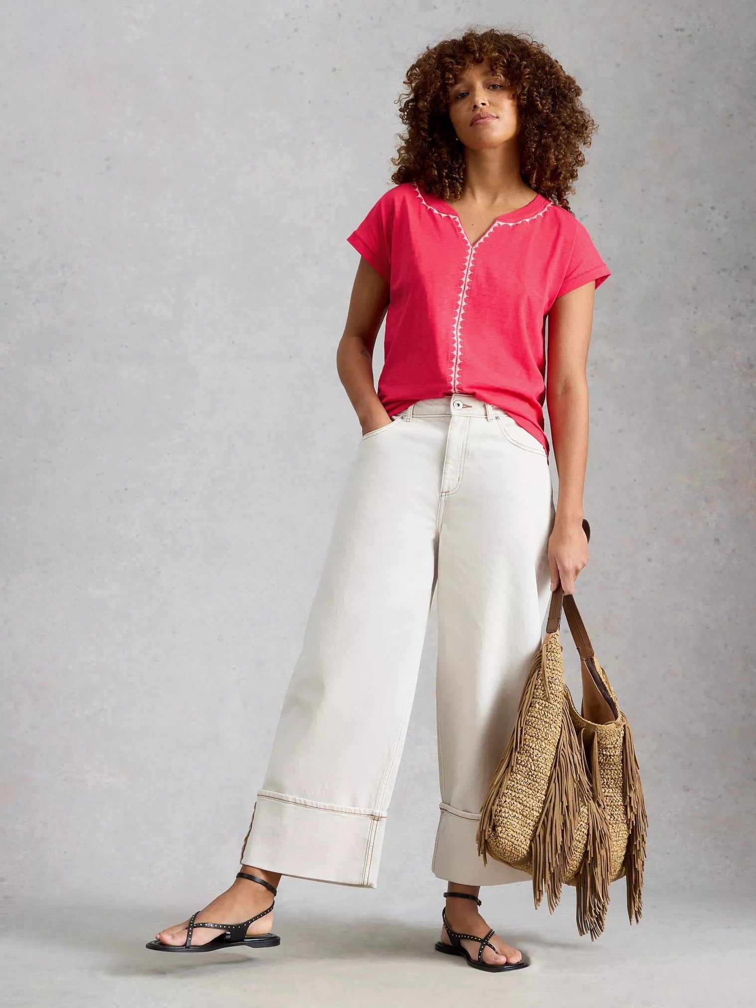 White Stuff Nelly Plain Embroidered Tee Bright Pink