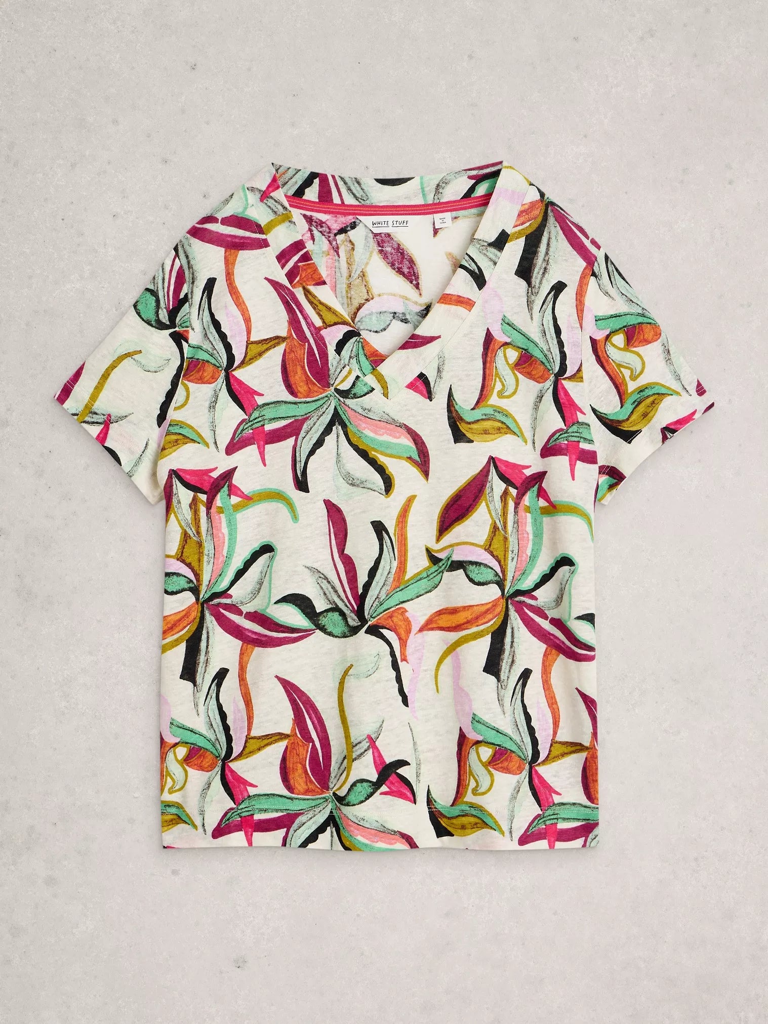 White Stuff Susie V Neck Linen Tee Ivory Print