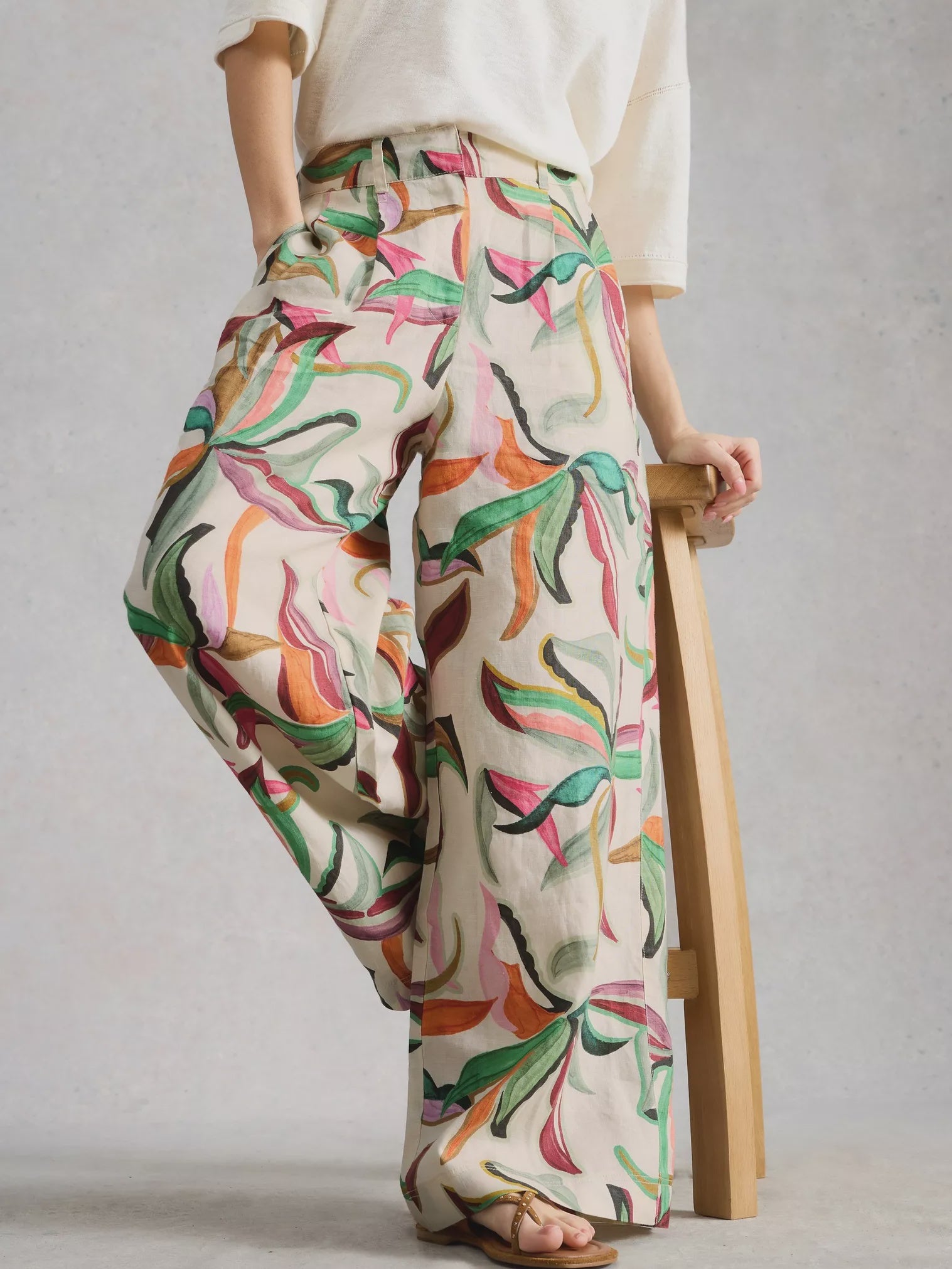 White Stuff Sasha Wide Leg Linen Trouser Natural Print