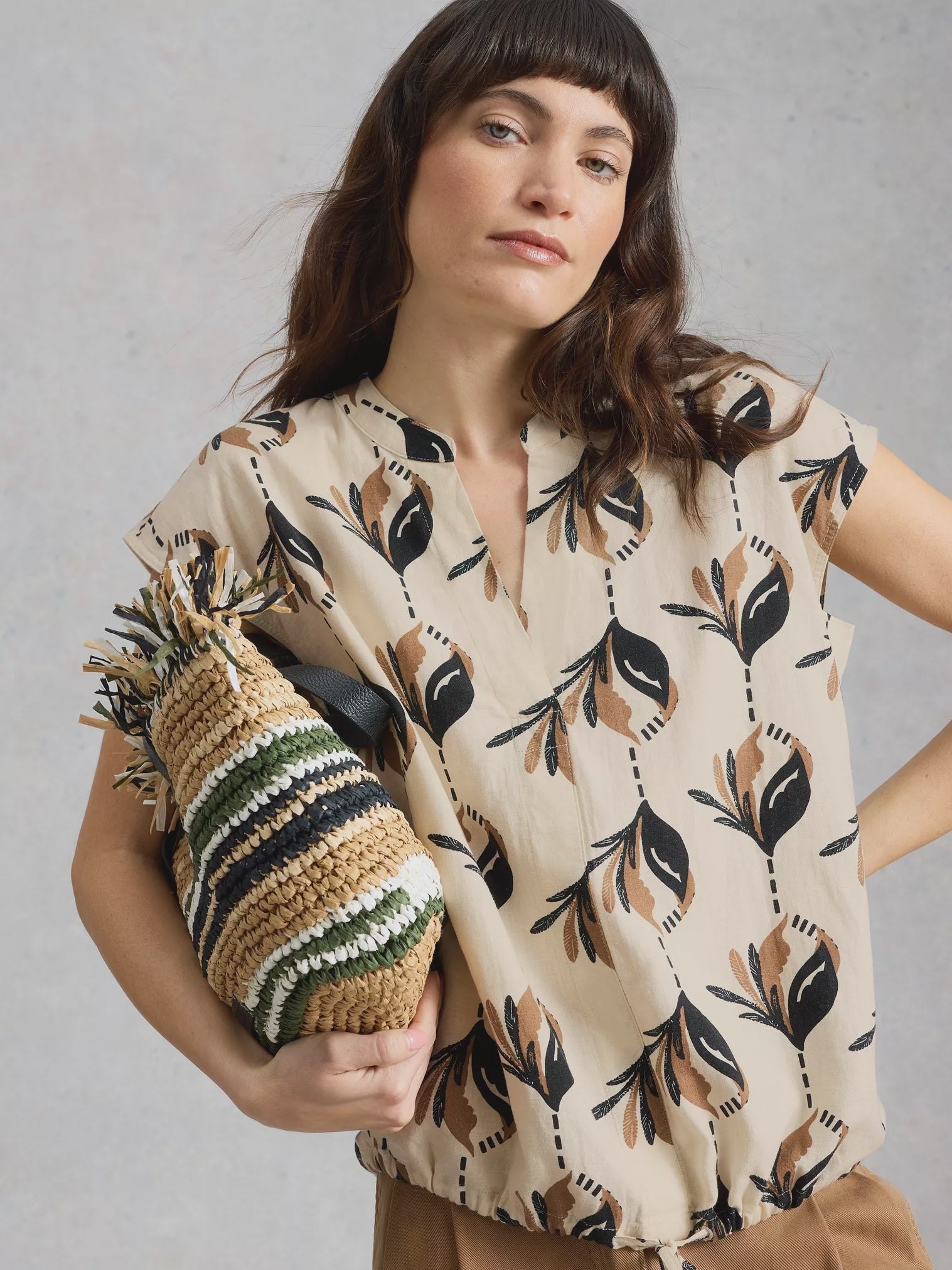 White Stuff Nicole Linen Blend Top Ivory Print